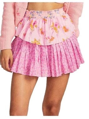 LoveShackFancy Ruffle Mini Skirt in Exploded Pink Mixed Floral Print. Small.
